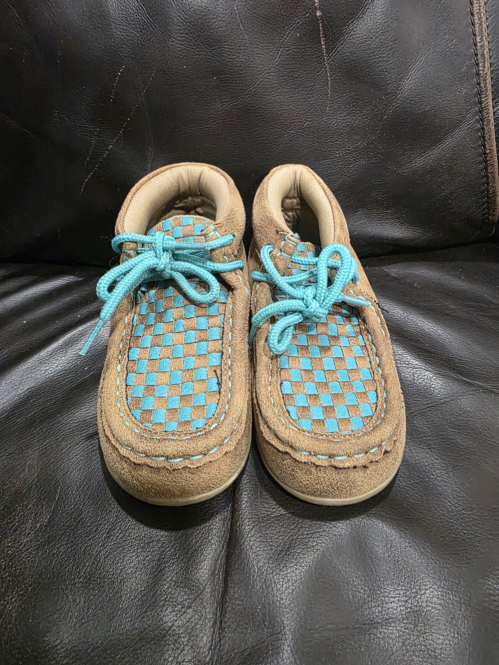 Blazin Roxx Tan Suede Kids Moccasins with Turquoise Check Accents